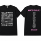Black short-sleeve T-shirt shown from the front and back on a white background. The front has a large white typographic graphic with words related to flirting and attraction.