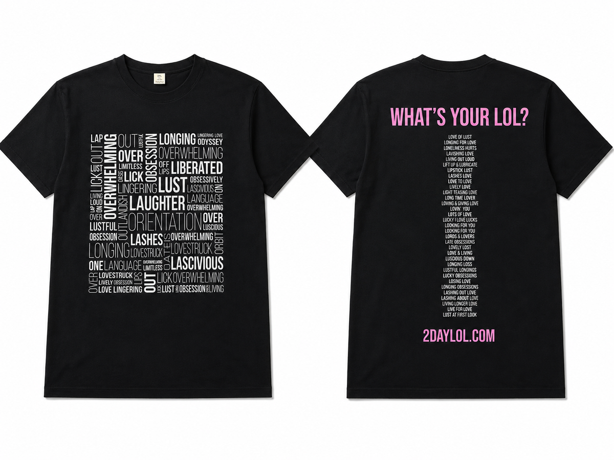 Black short-sleeve T-shirt shown from the front and back on a white background. The front has a large white typographic graphic with words related to flirting and attraction.