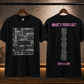 Two black short-sleeve T-shirts hanging on wooden hangers from a black clothing rack. The front of the left shirt has a large collage-style graphic of words in white and gray, and the back of the right shirt has pink text reading “WHAT’S YOUR LOL?” and “2DAYLOL.